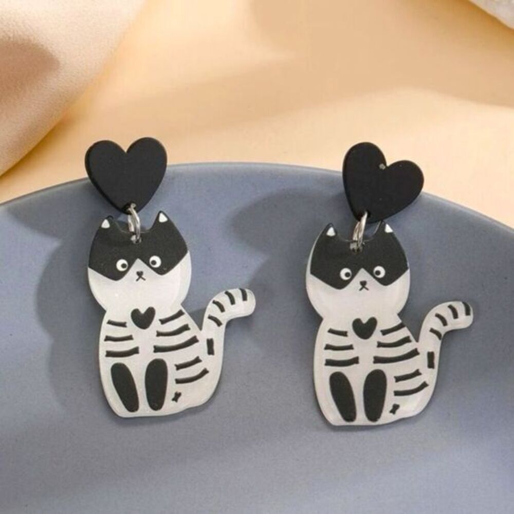 Halloween Goth Lolita Calavera Skeleton Black Kitty Cat Dangle Earrings